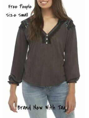 Free People henley Top embroidered Black Size Small New With Tag
